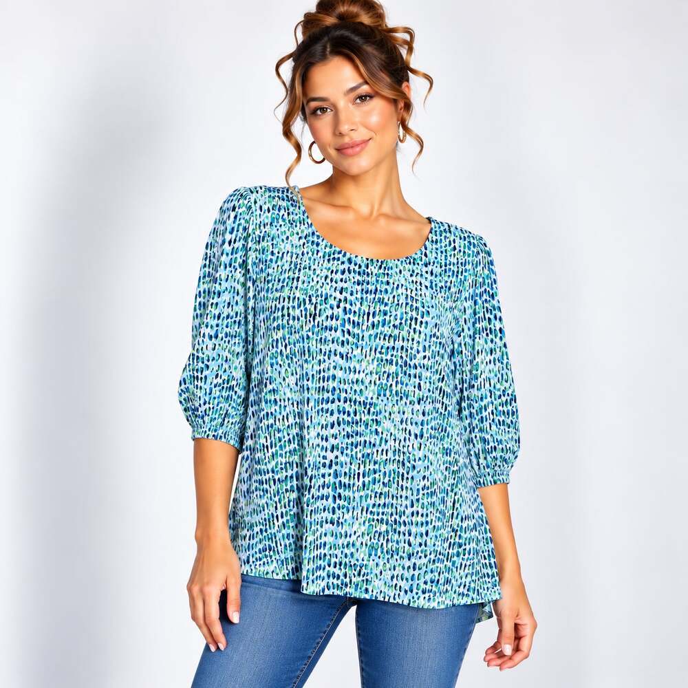 Susan Graver Liquid Knit Blouse Women's Size 2X Blue Green Spreckled Boho Office